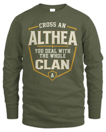 ALTHEA NT1-K008 Cross A/An NAME, You Deal With the Whole Clan | Personalized Vintage T-Shirt - Men's Long Sleeved T-Shirt - Military Green