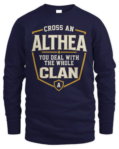 ALTHEA NT1-K008 Cross A/An NAME, You Deal With the Whole Clan | Personalized Vintage T-Shirt - Men's Long Sleeved T-Shirt - Navy