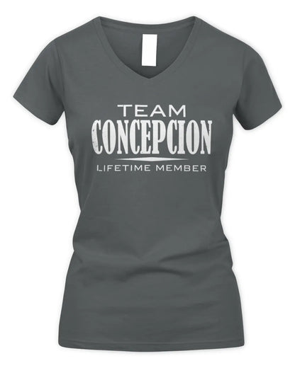 CONCEPCION BL62-K4-128 - Personalized “Team AARON Lifetime Member” - Women's V-Neck T-Shirt - Charcoal