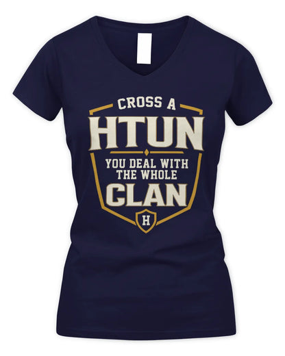 HTUN NT1-K008 Cross A/An NAME, You Deal With the Whole Clan | Personalized Vintage T-Shirt - Women's V-Neck T-Shirt - Navy