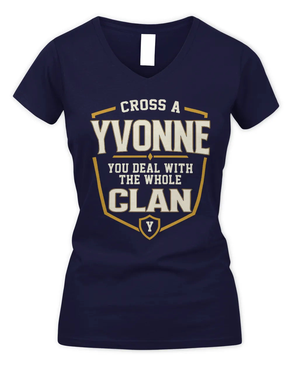 YVONNE NT1-K008 Cross A/An NAME, You Deal With the Whole Clan | Personalized Vintage T-Shirt - Women's V-Neck T-Shirt - Navy