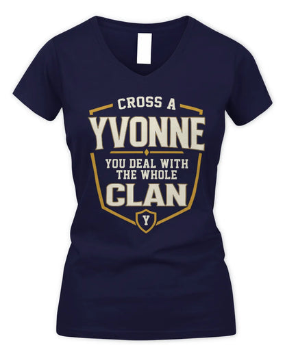 YVONNE NT1-K008 Cross A/An NAME, You Deal With the Whole Clan | Personalized Vintage T-Shirt - Women's V-Neck T-Shirt - Navy