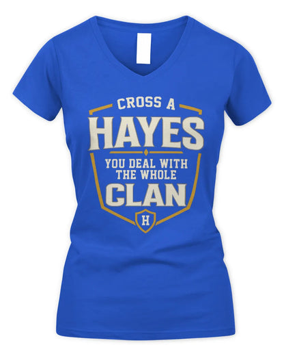 HAYES NT1-K008 Cross A/An NAME, You Deal With the Whole Clan | Personalized Vintage T-Shirt - Women's V-Neck T-Shirt - Royal