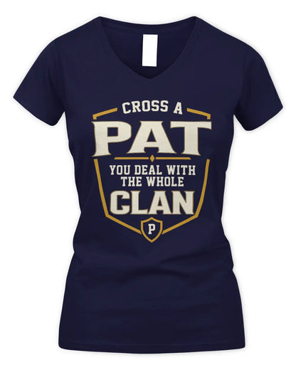 PAT NT1-K008 Cross A/An NAME, You Deal With the Whole Clan | Personalized Vintage T-Shirt - Women's V-Neck T-Shirt - Navy