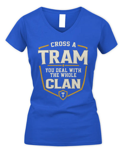 TRAM NT1-K008 Cross A/An NAME, You Deal With the Whole Clan | Personalized Vintage T-Shirt - Women's V-Neck T-Shirt - Royal