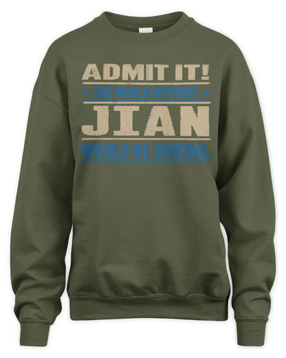 JIAN TP68-K2-968 – Personalized Funny Quote Apparel “The World Without NAME Would Be Boring” - Unisex Sweatshirt - Military Green