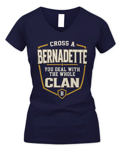 BERNADETTE NT1-K008 Cross A/An NAME, You Deal With the Whole Clan | Personalized Vintage T-Shirt - Women's V-Neck T-Shirt - Navy
