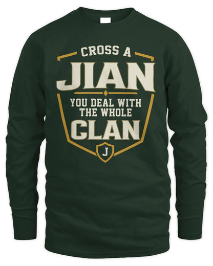 JIAN NT1-K008 Cross A/An NAME, You Deal With the Whole Clan | Personalized Vintage T-Shirt - Men's Long Sleeved T-Shirt - Forest Green