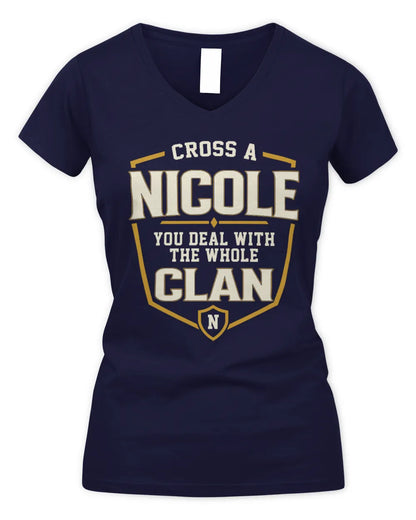 NICOLE NT1-K008 Cross A/An NAME, You Deal With the Whole Clan | Personalized Vintage T-Shirt - Women's V-Neck T-Shirt - Navy