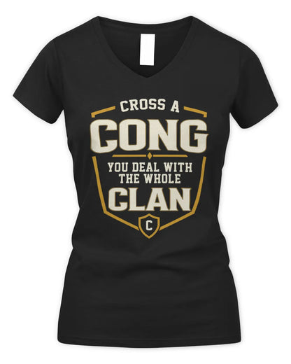 CONG NT1-K008 Cross A/An NAME, You Deal With the Whole Clan | Personalized Vintage T-Shirt - Women's V-Neck T-Shirt - Black