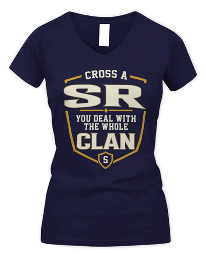 SR NT1-K008 Cross A/An NAME, You Deal With the Whole Clan | Personalized Vintage T-Shirt - Women's V-Neck T-Shirt - Navy