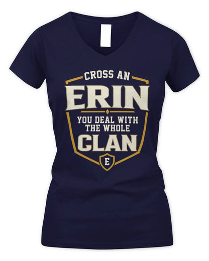 ERIN NT1-K008 Cross A/An NAME, You Deal With the Whole Clan | Personalized Vintage T-Shirt - Women's V-Neck T-Shirt - Navy