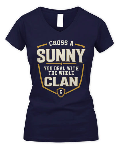 SUNNY NT1-K008 Cross A/An NAME, You Deal With the Whole Clan | Personalized Vintage T-Shirt - Women's V-Neck T-Shirt - Navy