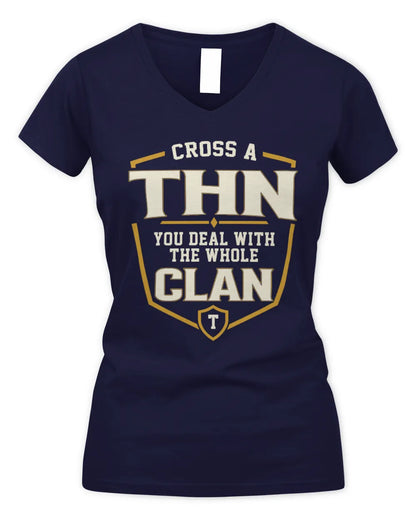 THN NT1-K008 Cross A/An NAME, You Deal With the Whole Clan | Personalized Vintage T-Shirt - Women's V-Neck T-Shirt - Navy