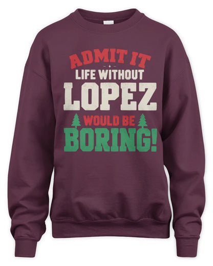 LOPEZ P5 TH08 Christmas T-Shirt – “Life Without NAME Would Be Boring” - Unisex Sweatshirt - Maroon