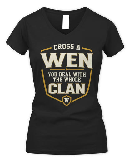 WEN NT1-K008 Cross A/An NAME, You Deal With the Whole Clan | Personalized Vintage T-Shirt - Women's V-Neck T-Shirt - Black