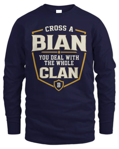 BIAN NT1-K008 Cross A/An NAME, You Deal With the Whole Clan | Personalized Vintage T-Shirt - Men's Long Sleeved T-Shirt - Navy