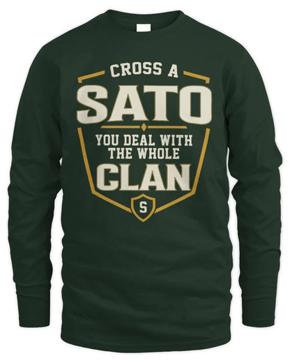 SATO NT1-K008 Cross A/An NAME, You Deal With the Whole Clan | Personalized Vintage T-Shirt - Men's Long Sleeved T-Shirt - Forest Green