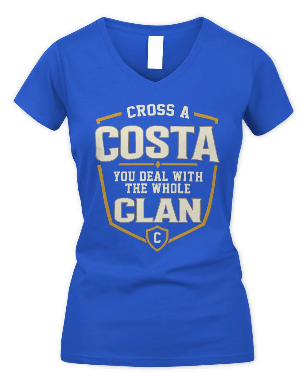 COSTA NT1-K008 Cross A/An NAME, You Deal With the Whole Clan | Personalized Vintage T-Shirt - Women's V-Neck T-Shirt - Royal