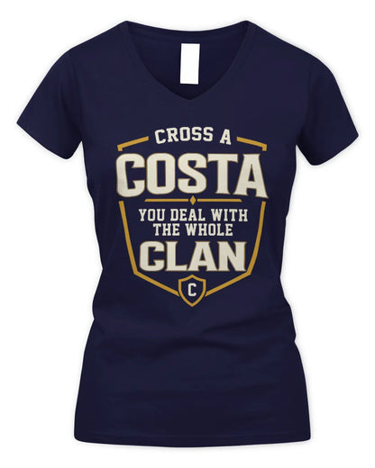 COSTA NT1-K008 Cross A/An NAME, You Deal With the Whole Clan | Personalized Vintage T-Shirt - Women's V-Neck T-Shirt - Navy
