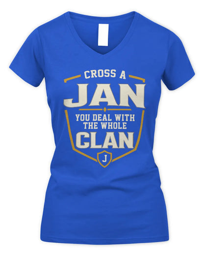 JAN NT1-K008 Cross A/An NAME, You Deal With the Whole Clan | Personalized Vintage T-Shirt - Women's V-Neck T-Shirt - Royal