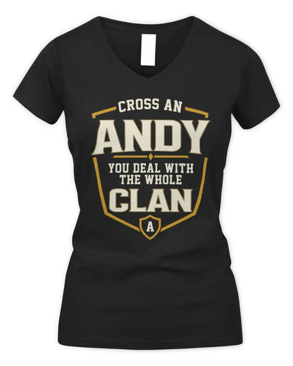 ANDY NT1-K008 Cross A/An NAME, You Deal With the Whole Clan | Personalized Vintage T-Shirt - Women's V-Neck T-Shirt - Black