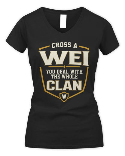 WEI NT1-K008 Cross A/An NAME, You Deal With the Whole Clan | Personalized Vintage T-Shirt - Women's V-Neck T-Shirt - Black