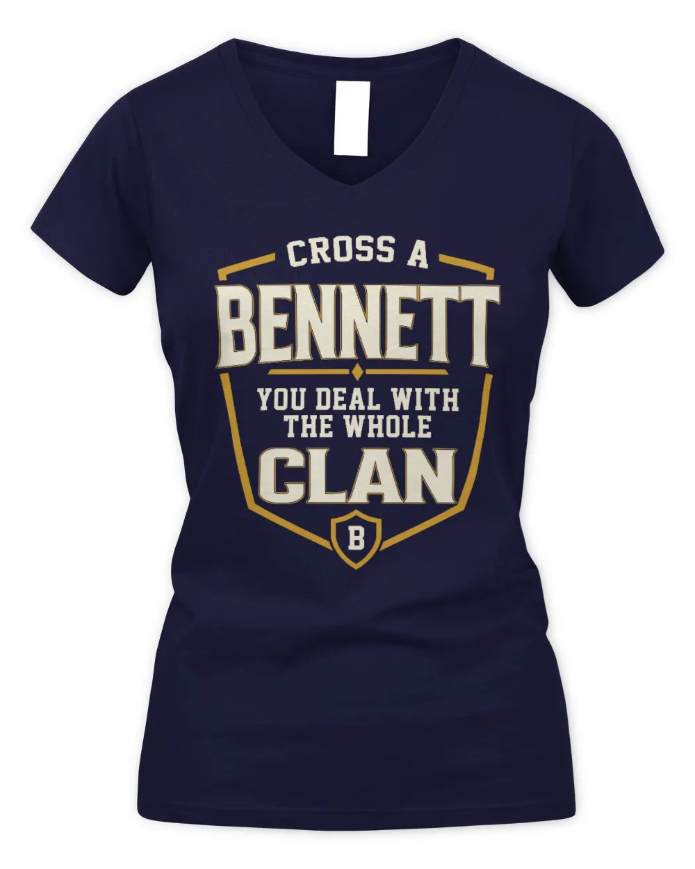 BENNETT NT1-K008 Cross A/An NAME, You Deal With the Whole Clan | Personalized Vintage T-Shirt - Women's V-Neck T-Shirt - Navy