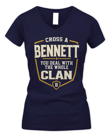 BENNETT NT1-K008 Cross A/An NAME, You Deal With the Whole Clan | Personalized Vintage T-Shirt - Women's V-Neck T-Shirt - Navy