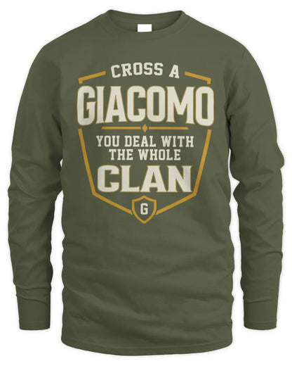 GIACOMO NT1-K008 Cross A/An NAME, You Deal With the Whole Clan | Personalized Vintage T-Shirt - Men's Long Sleeved T-Shirt - Military Green