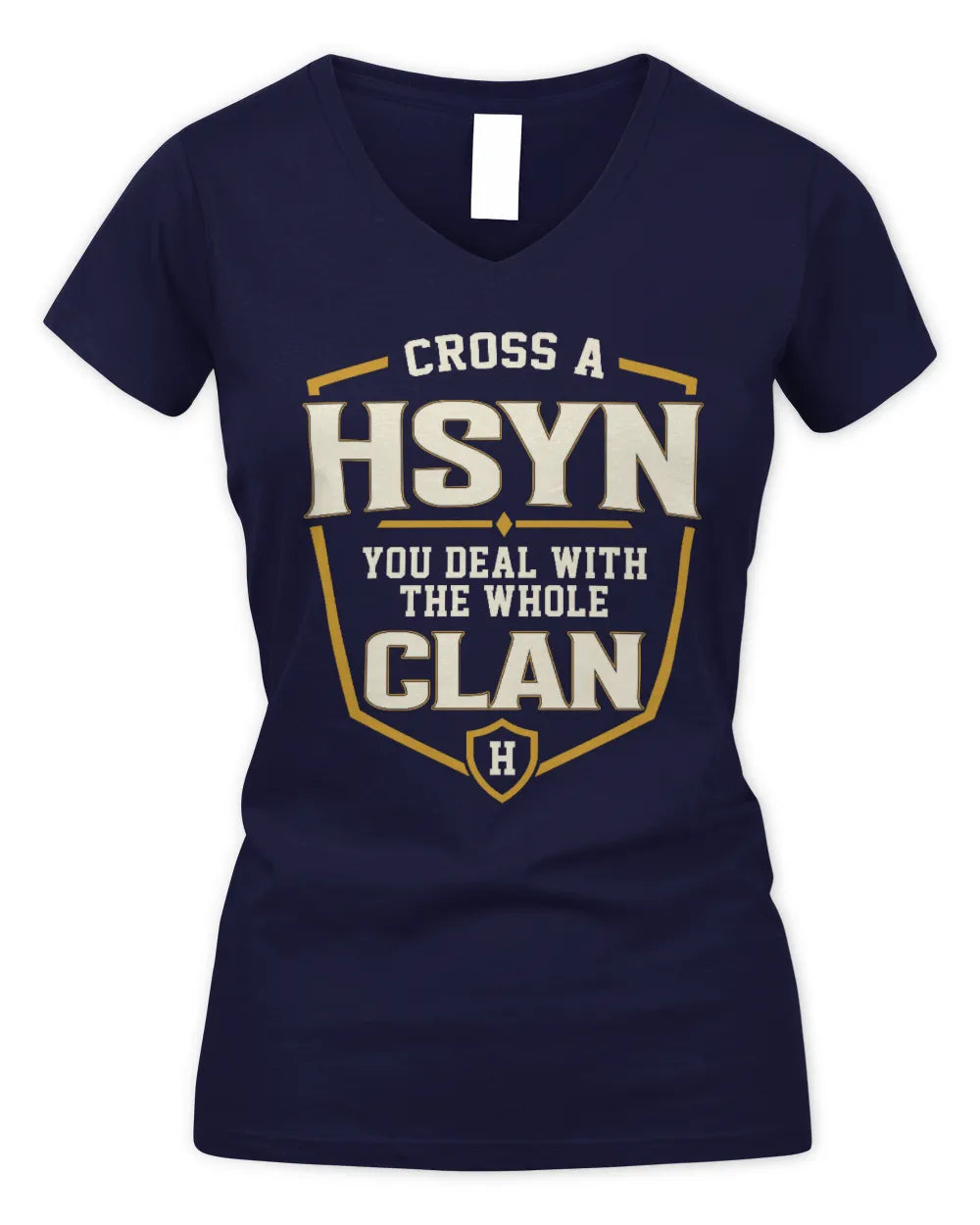 HSYN NT1-K008 Cross A/An NAME, You Deal With the Whole Clan | Personalized Vintage T-Shirt - Women's V-Neck T-Shirt - Navy