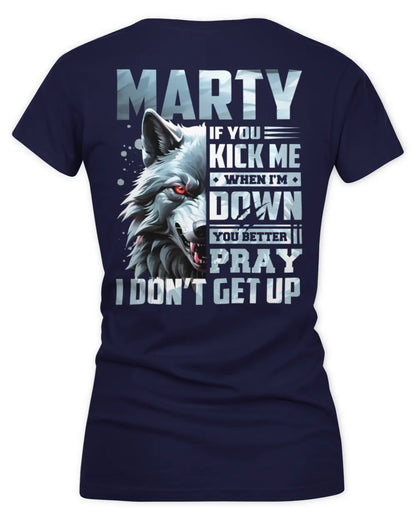MARTY AP62-K4-666 - Personalized Fierce Wolf Quote Apparel “If You Kick Me When I’m Down, You Better Pray I Don’t Get Up” - Women's V-Neck T-Shirt - Navy