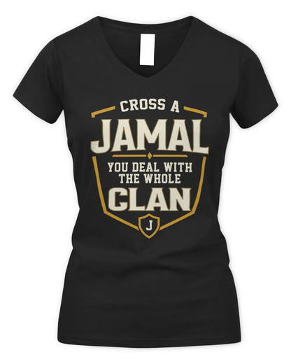 JAMAL NT1-K008 Cross A/An NAME, You Deal With the Whole Clan | Personalized Vintage T-Shirt - Women's V-Neck T-Shirt - Black