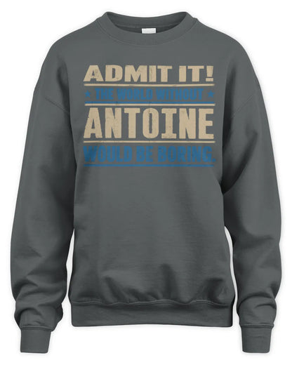 ANTOINE TP68-K2-968 – Personalized Funny Quote Apparel “The World Without NAME Would Be Boring” - Unisex Sweatshirt - Charcoal