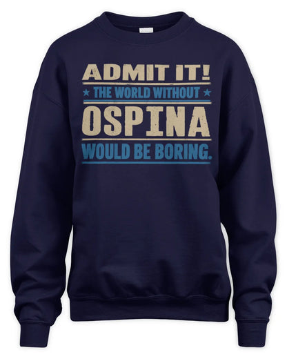 OSPINA TP68-K2-968 – Personalized Funny Quote Apparel “The World Without NAME Would Be Boring” - Unisex Sweatshirt - Navy