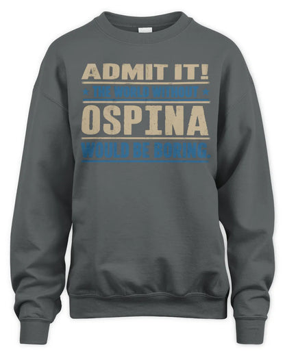 OSPINA TP68-K2-968 – Personalized Funny Quote Apparel “The World Without NAME Would Be Boring” - Unisex Sweatshirt - Charcoal