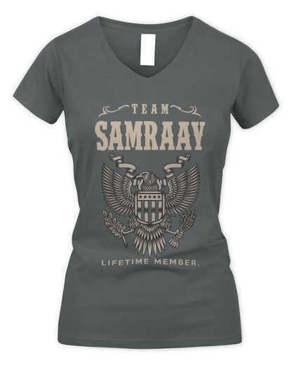 SAMRAAY TP06-K82 – Personalized Classic Style Apparel “Team NAME Lifetime Member” - Women's V-Neck T-Shirt - Charcoal