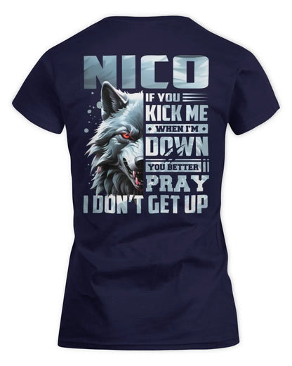 NICO AP62-K4-666 - Personalized Fierce Wolf Quote Apparel “If You Kick Me When I’m Down, You Better Pray I Don’t Get Up” - Women's Standard T-Shirt - Navy