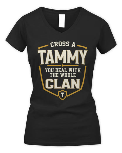 TAMMY NT1-K008 Cross A/An NAME, You Deal With the Whole Clan | Personalized Vintage T-Shirt - Women's V-Neck T-Shirt - Black