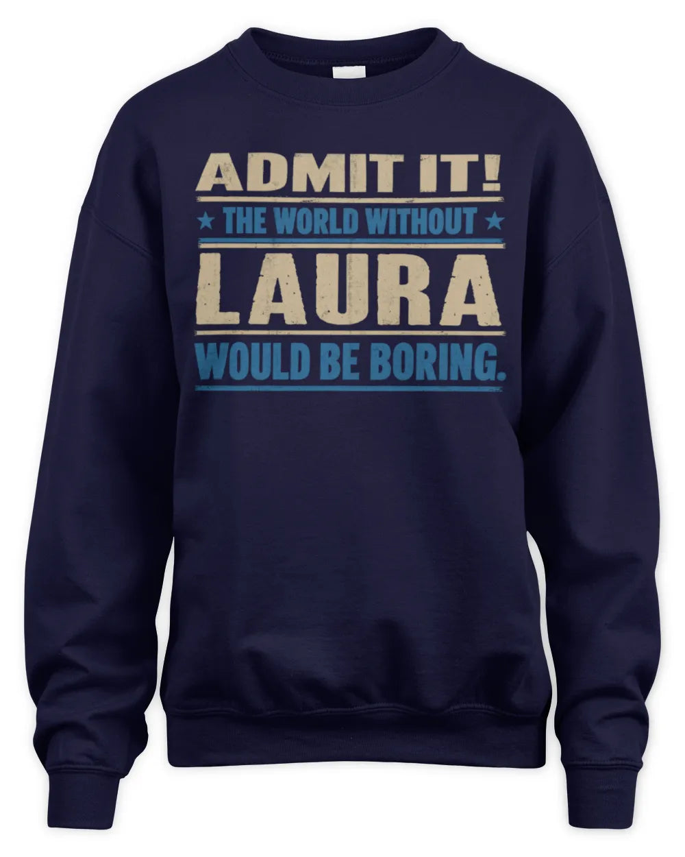 LAURA TP68-K2-968 – Personalized Funny Quote Apparel “The World Without NAME Would Be Boring” - Unisex Sweatshirt - Navy