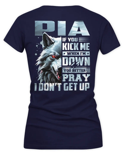 PIA AP62-K4-666 - Personalized Fierce Wolf Quote Apparel “If You Kick Me When I’m Down, You Better Pray I Don’t Get Up” - Women's V-Neck T-Shirt - Navy