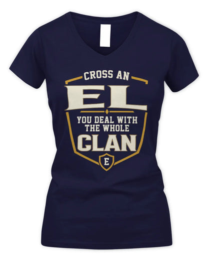 EL NT1-K008 Cross A/An NAME, You Deal With the Whole Clan | Personalized Vintage T-Shirt - Women's V-Neck T-Shirt - Navy