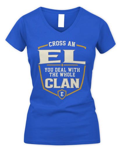 EL NT1-K008 Cross A/An NAME, You Deal With the Whole Clan | Personalized Vintage T-Shirt - Women's V-Neck T-Shirt - Royal