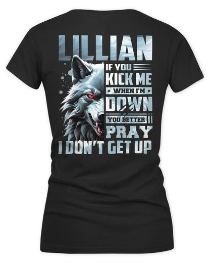 LILLIAN AP62-K4-666 - Personalized Fierce Wolf Quote Apparel “If You Kick Me When I’m Down, You Better Pray I Don’t Get Up” - Women's V-Neck T-Shirt - Black