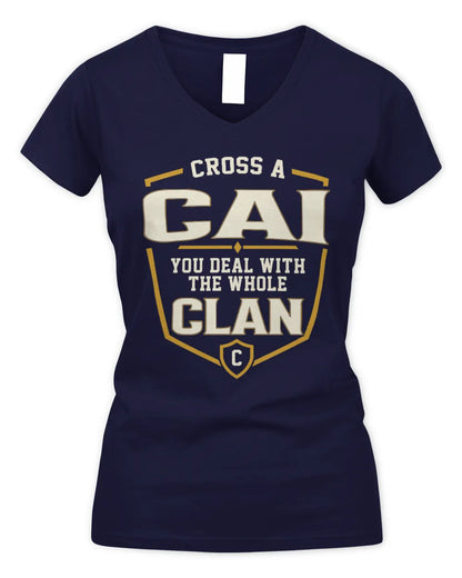 CAI NT1-K008 Cross A/An NAME, You Deal With the Whole Clan | Personalized Vintage T-Shirt - Women's V-Neck T-Shirt - Navy