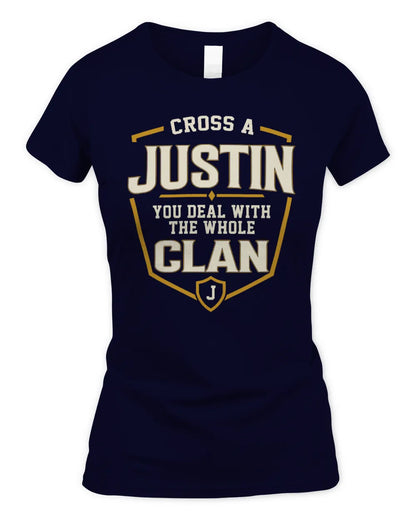 JUSTIN NT1-K008 Cross A/An NAME, You Deal With the Whole Clan | Personalized Vintage T-Shirt - Women's Standard T-Shirt - Navy
