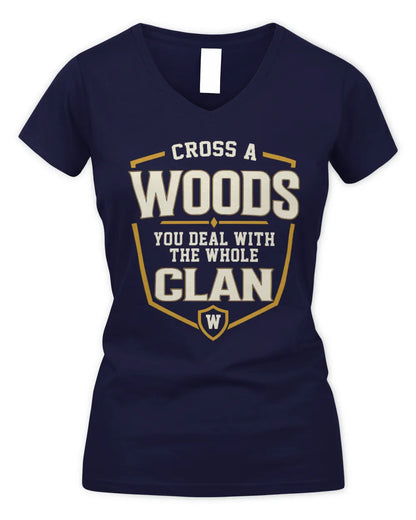 WOODS NT1-K008 Cross A/An NAME, You Deal With the Whole Clan | Personalized Vintage T-Shirt - Women's V-Neck T-Shirt - Navy