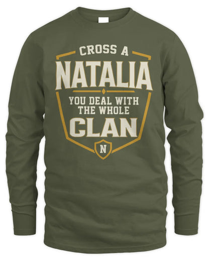 NATALIA NT1-K008 Cross A/An NAME, You Deal With the Whole Clan | Personalized Vintage T-Shirt - Men's Long Sleeved T-Shirt - Military Green