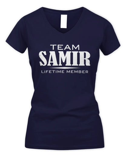 SAMIR BL62-K4-128 - Personalized “Team NAME Lifetime Member” - Women's V-Neck T-Shirt - Navy