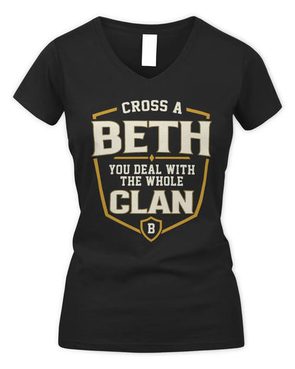 BETH NT1-K008 Cross A/An NAME, You Deal With the Whole Clan | Personalized Vintage T-Shirt - Women's V-Neck T-Shirt - Black
